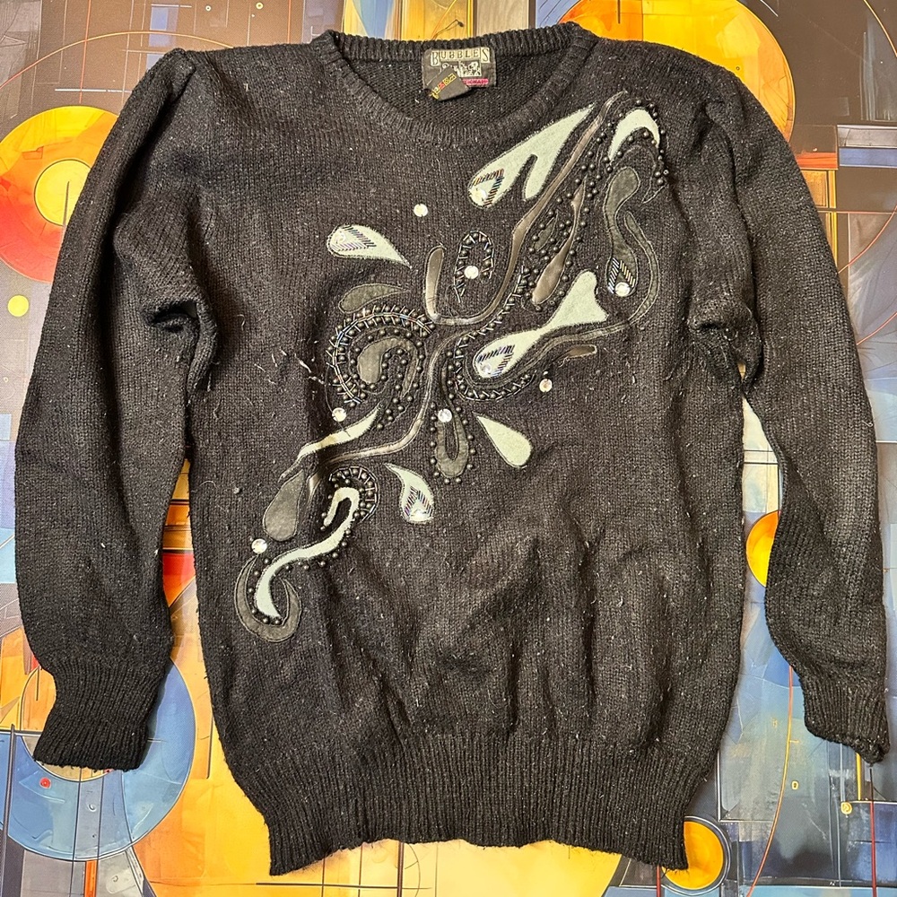 Vintage 80s BUBBLES Black Sweater Beaded Applique Acrylic Nylon S/P